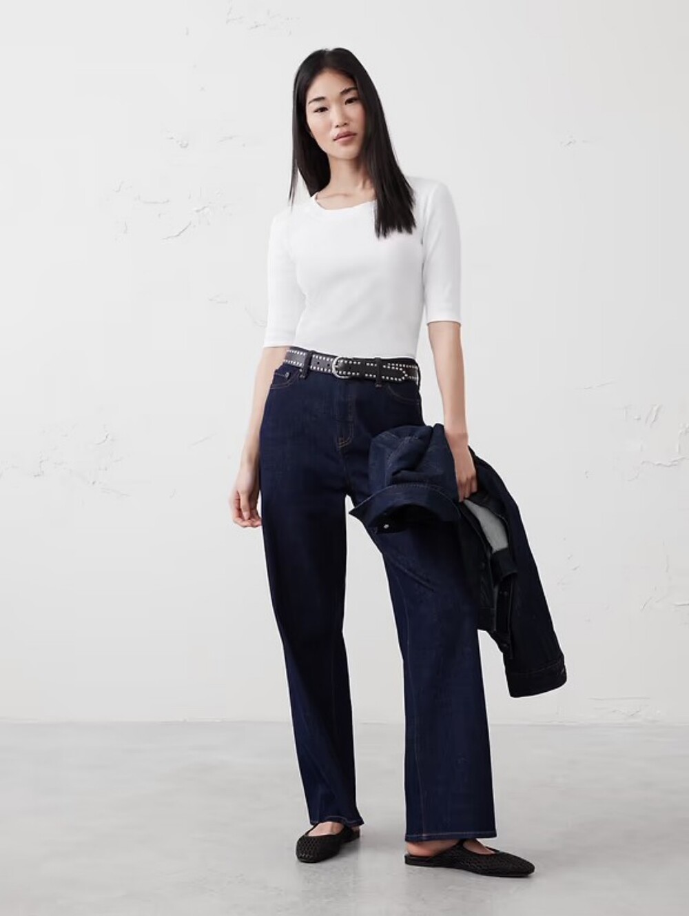 Banana Republic Cream Scoop-Neck Ribbed Elbow-Sleeve Top